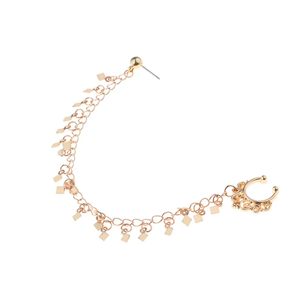 

Diamond Stud Nose Ring Chain to Ear with Sequin Tassel Link for Punk Earrings Geometric Personality Fashion Jewelry Golden