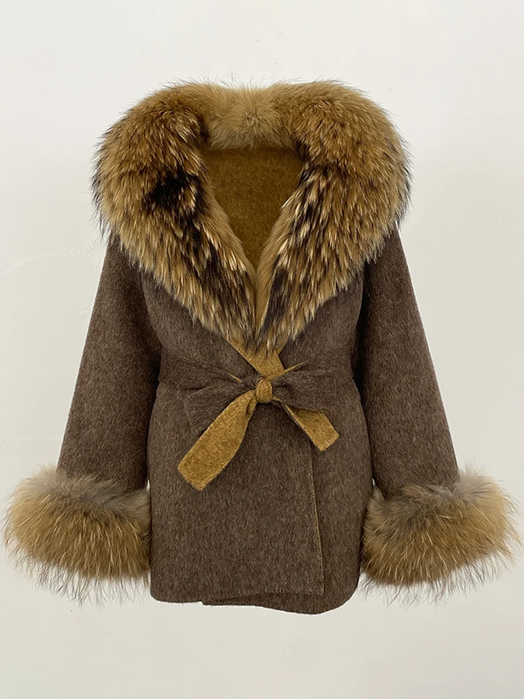 2025 New Winter Clothing Women Commute Belt Real Fur Wool Coat Female Fashion Outerwears Natural Fox Fur Woolen Jacket