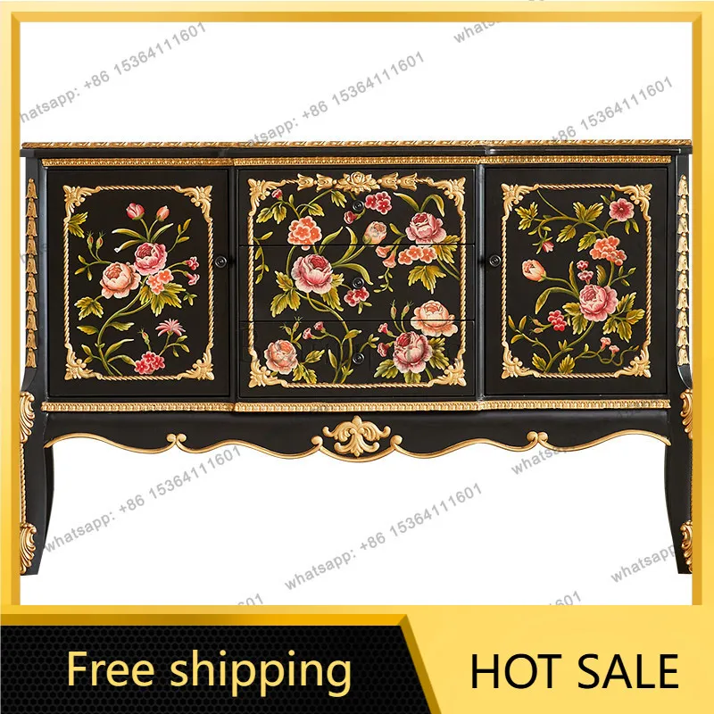 FG European luxury solid wood depicting rose decorative cabinet French high-end living room storage cabinet