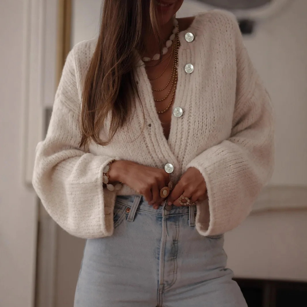 Elegant French Style Women's Cardigan Apricot V-Neck Single Breasted Female's Knit Sweater Autumn Slouchy-Style Sweater For Lady