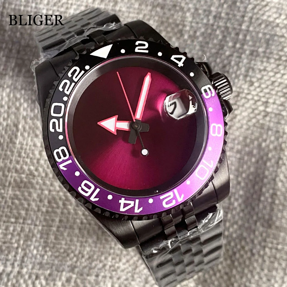 BLIGER 200M Waterproof NH35A Movement Automatic Diver Watch Men Purple Dial PVD Case Jubilee Bracelet