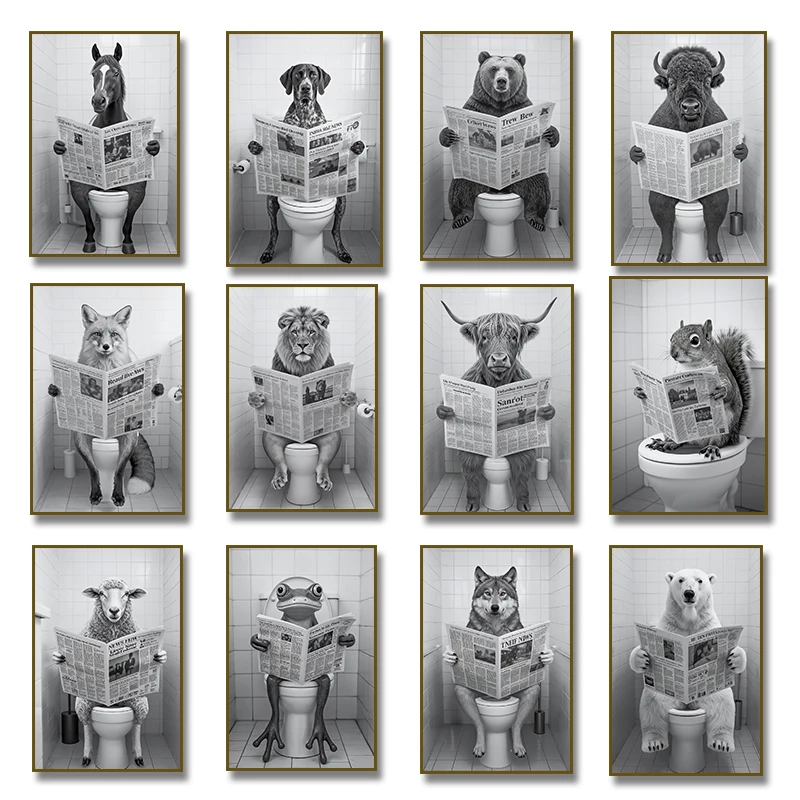 1pc frameless Canvas Painting Funny Animal Sitting on Toilet Poster Wolf Panda Raccoon Otter Zebra Lion Bear Frog Cow Canvas Pai