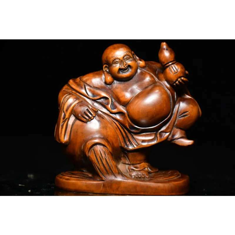 

3.5" Chinese Box-wood Carving Buddhism Maitreya Buddha Hold Gourd Stand Statue Craft Gift Decoration Home Decore