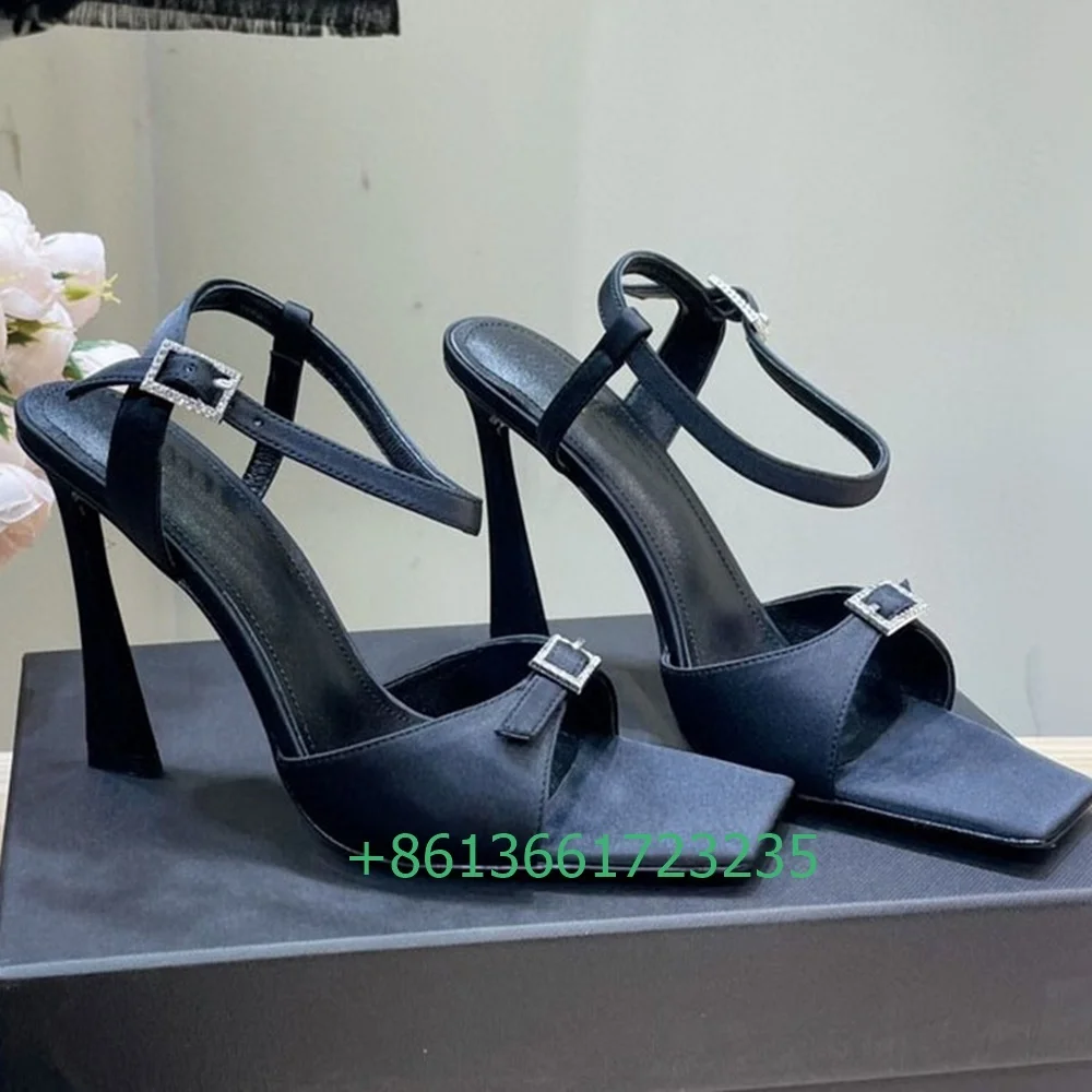 2025 Women New Style Sandals Square Toe Stiletto Heel Shoes Square Buckle Crystal Bling Bling Sandals Summer Shiny Sexy Pumps