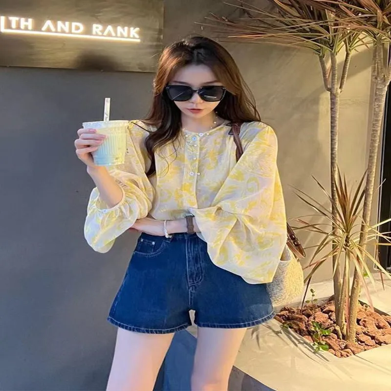 

Нежный шифоновый топ Gentle Wind с рукавами-фонариками для женщин, защита от солнца, весна-лето, новый дизайн, повседневный стиль, круглый вырез, открытая спинка.