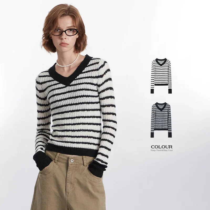 CASUMANL Brand V Neck Striped Pullovers Females Autumn New 2024 Long Sleeve Color Blocking Sweaters Women Fashion Cheap Clothes