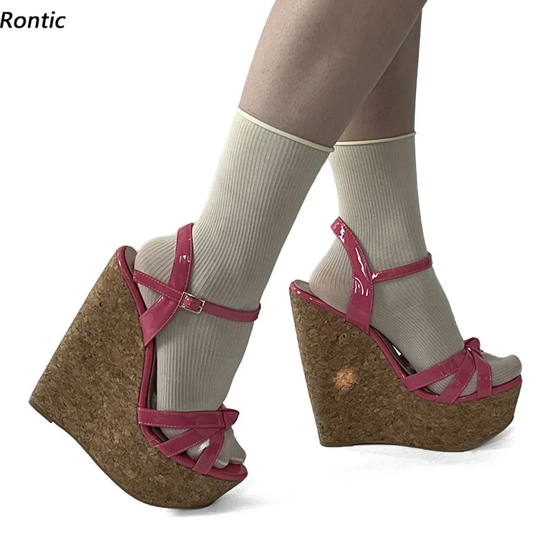 

Rontic/женские сандалии ручной работы на платформе, унисекс, туфли на танкетке с круглым носком, красивые розовые туфли цвета фуксии для косплея, размер США 5-20