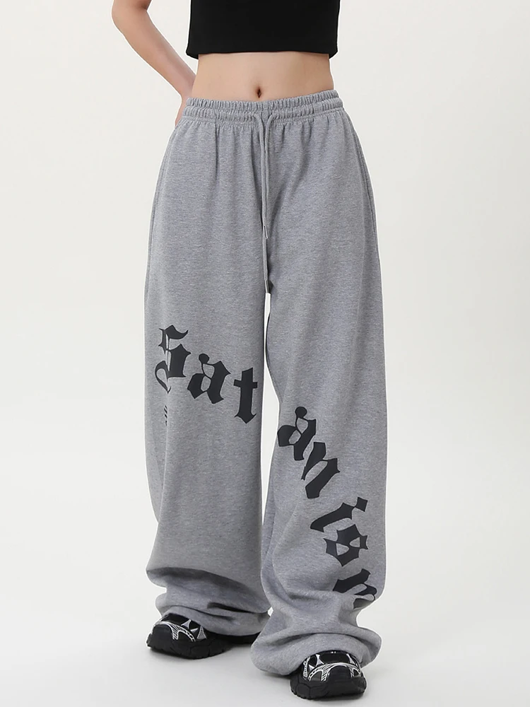 Vintage Print Gray Sweatpants Women Hip Hop Streetwear Harajuku Casual Pant American Loose High Waist Fall Bf Gothic Trousers