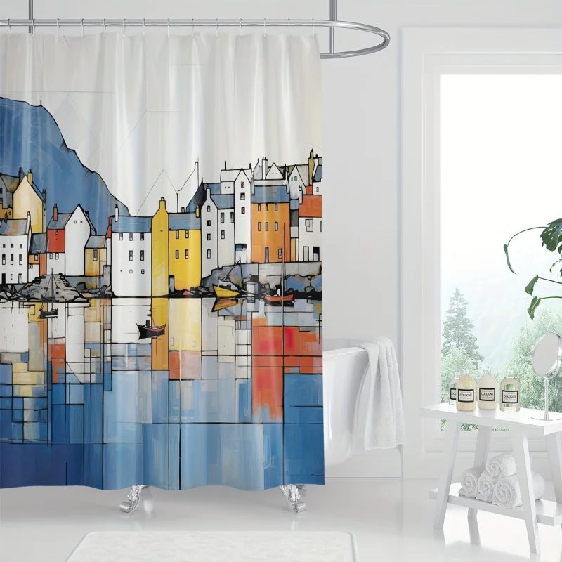 Colorful Lake Reflection House Scenery Shower Curtain - Waterproof Polyester with Hooks, Machine Washable - YWJHUI Bathroom Deco