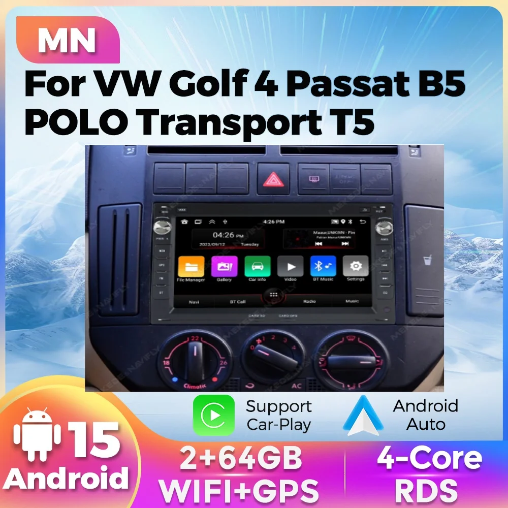 

Автомагнитола Android 15 с мультимедийным плеером для Volkswagen Golf 4, Passat B5, POLO, Transporter T5, с беспроводным CarPlay, FM и Bluetooth