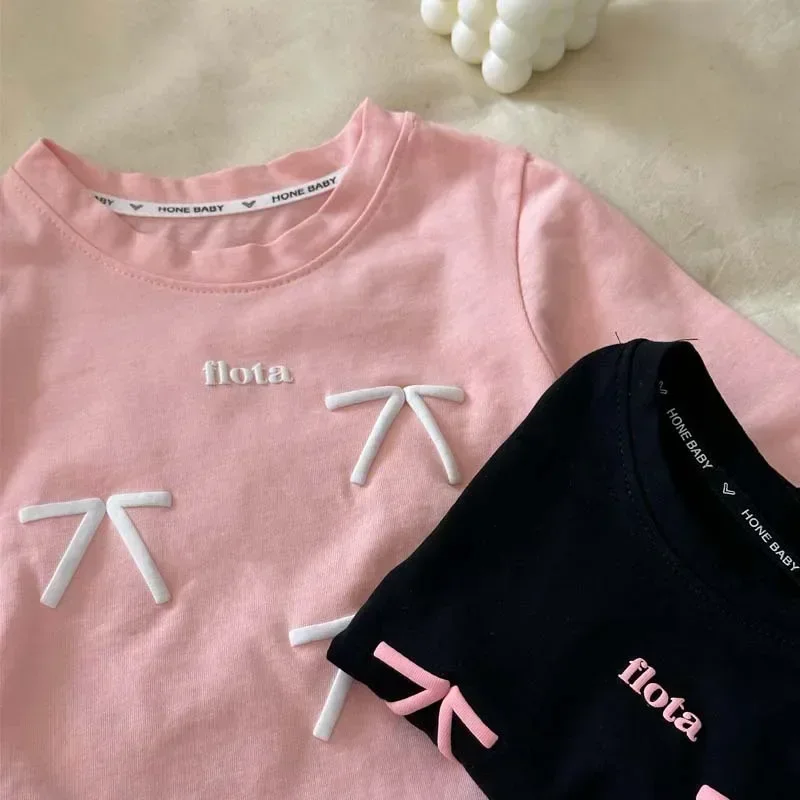 Baby Girls Long-sleeve T-Shirt Kids Top Tees with Bow-Knot Mother Daughter Bottoming 2024 Spring Autumn Children Fashion Clothes