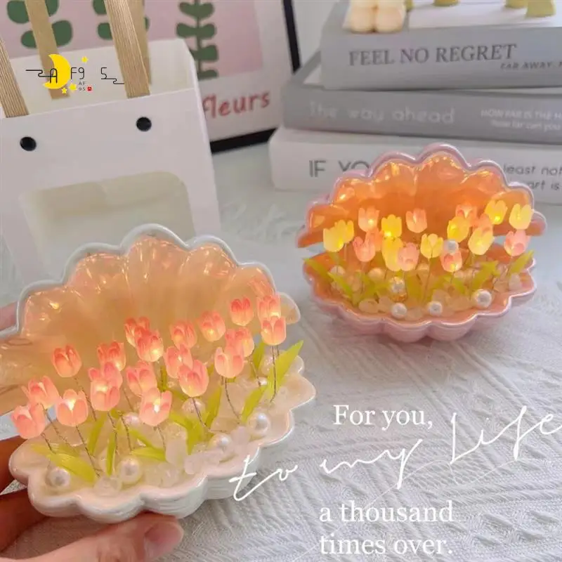 

AF95-DIY Shell Tulip Night Light Handmade DIY Tulip Girl Living Room Night Light Desktop Light Romantic Ambient Lamp Durable Pin
