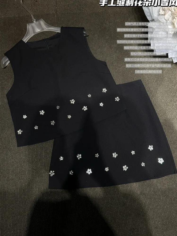 Elegant Fashionable 2 Pieces Outfits Women Retro Black Diamond Flowers Vest Tank Short Crop Tops Mini Skirt Sets Party Clothes