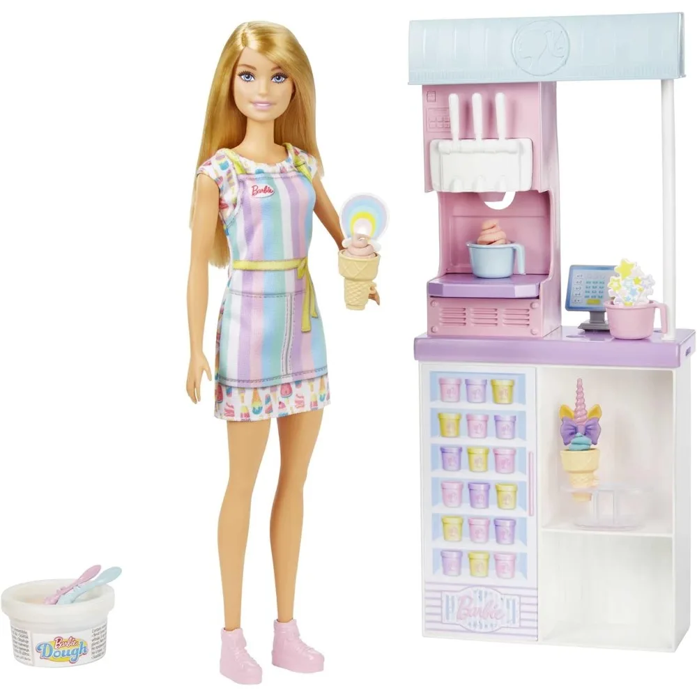 2024 Original Barbie Doll Careers Playset Ice Cream Shop Set Blonde Fashion Doll Machine Mold Dough Accessories Kids Dolls Girls