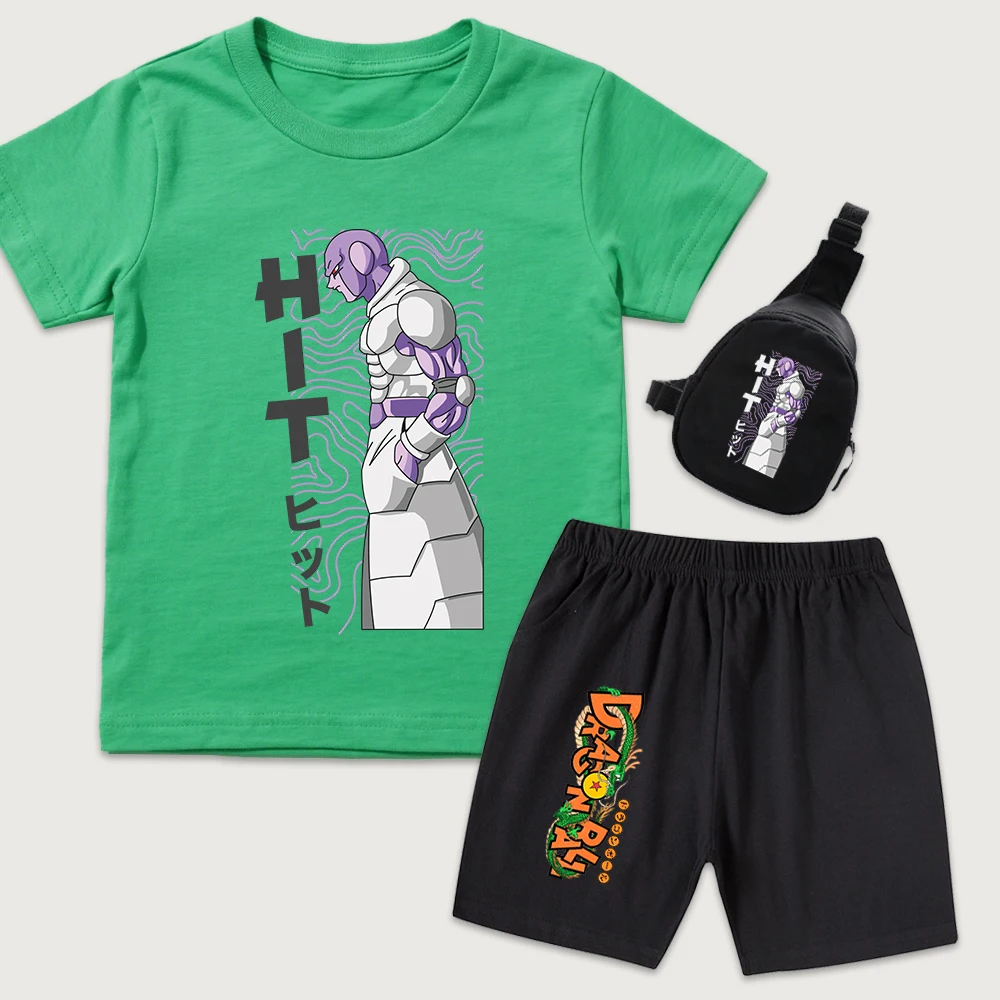 Kids DBZ Hit Anime Print Cotton T Shirt and Shorts Set with Mini Chest Bag 3 Piece Outfit for Boys Girls Summer Casual Wear