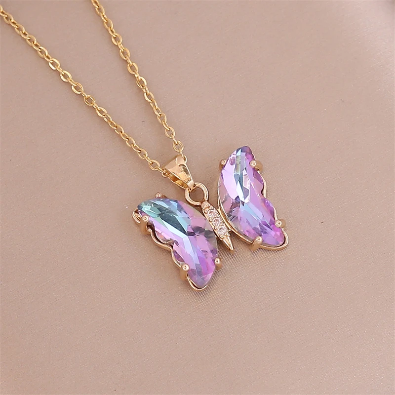 Exquisite Luxury Crystal Butterfly Charm Necklace Colorful Insect Charm Collar Chain Women\'s Fashion Jewelry Accessories Gift