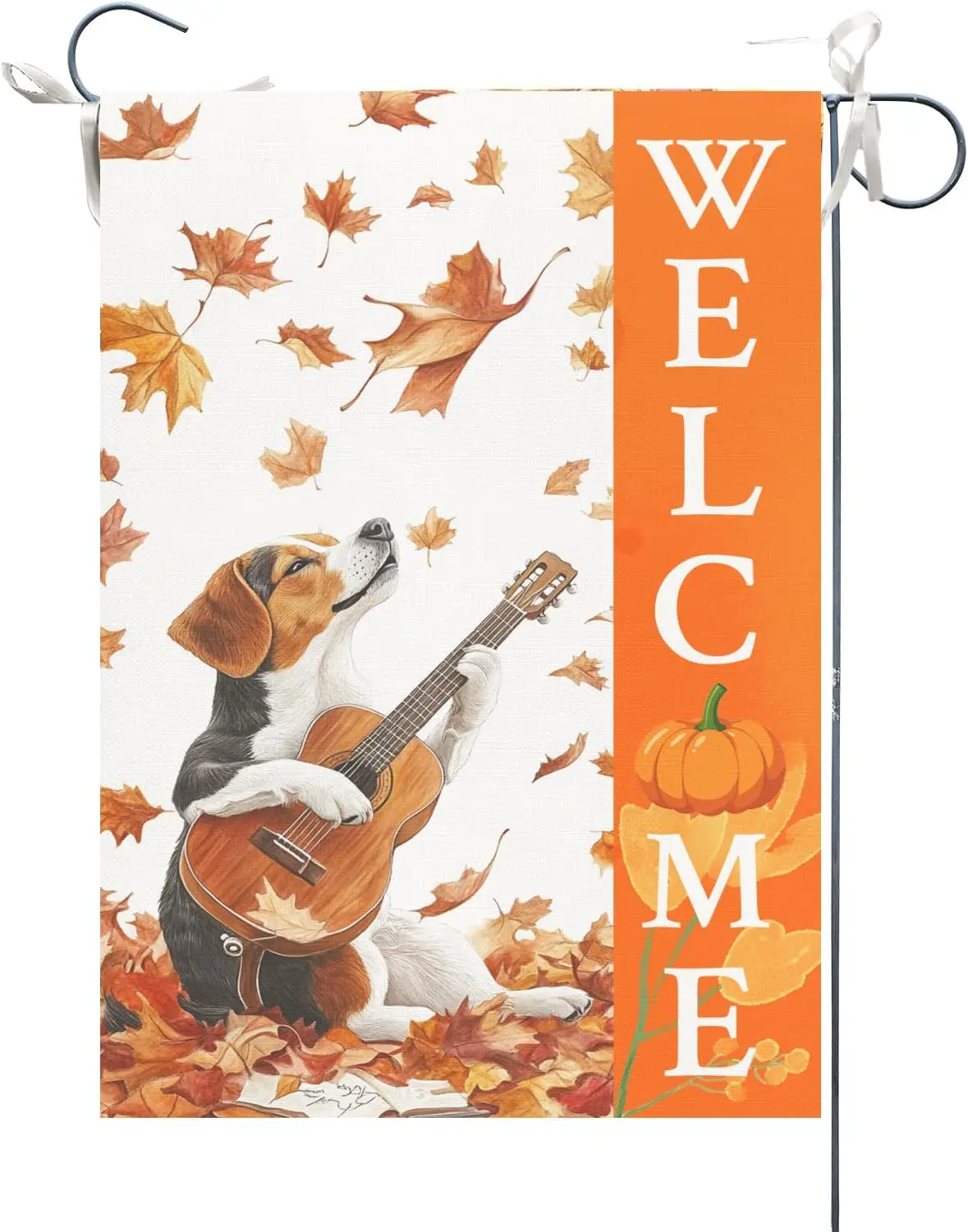 Welcome Beagle Playing Guitar Garden Flag 12x18 Inch Double Sided, Fall Maple leaf Dog Yard Flags for Seasonal Thanksgiving  SSL