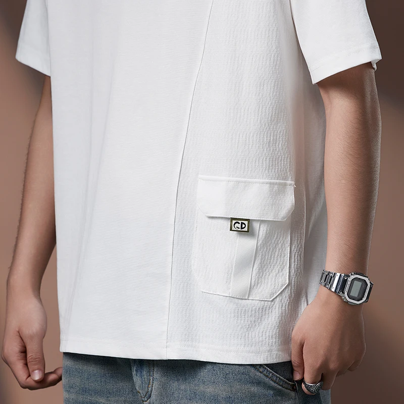 2026 Summer Fashion Men's Daily Trendy O-neck Short Sleeve T-shirts Male Casual Design White Pocket Patchwork Loose Tees Tops