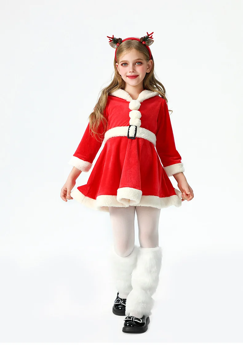 Weiches Samtkleid für Kinder mit Weihnachtsmann-Motiv, Kapuze, Weihnachtskostüm, Weihnachtsfeier, Bühnenauftritt, Show, Cosplay, Rock, Outfit – Detail 17