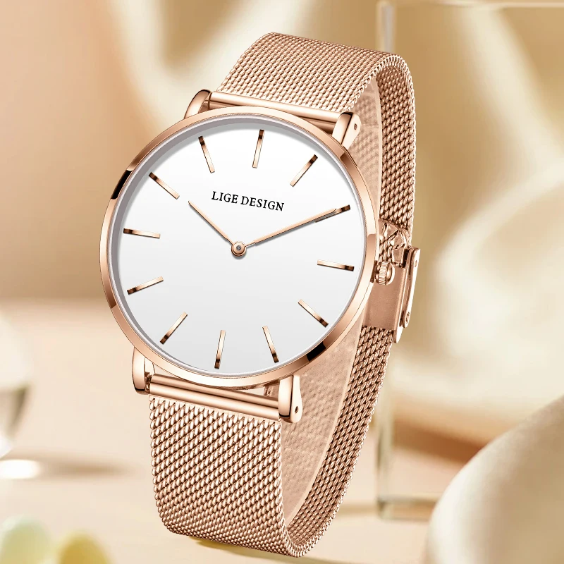 LIGE Elegant Fashion Quartz Woman Watch Luxury Simple Casual Sports Mesh Belt Waterproof Women's Wristwatch Bracelet Ladies Gift