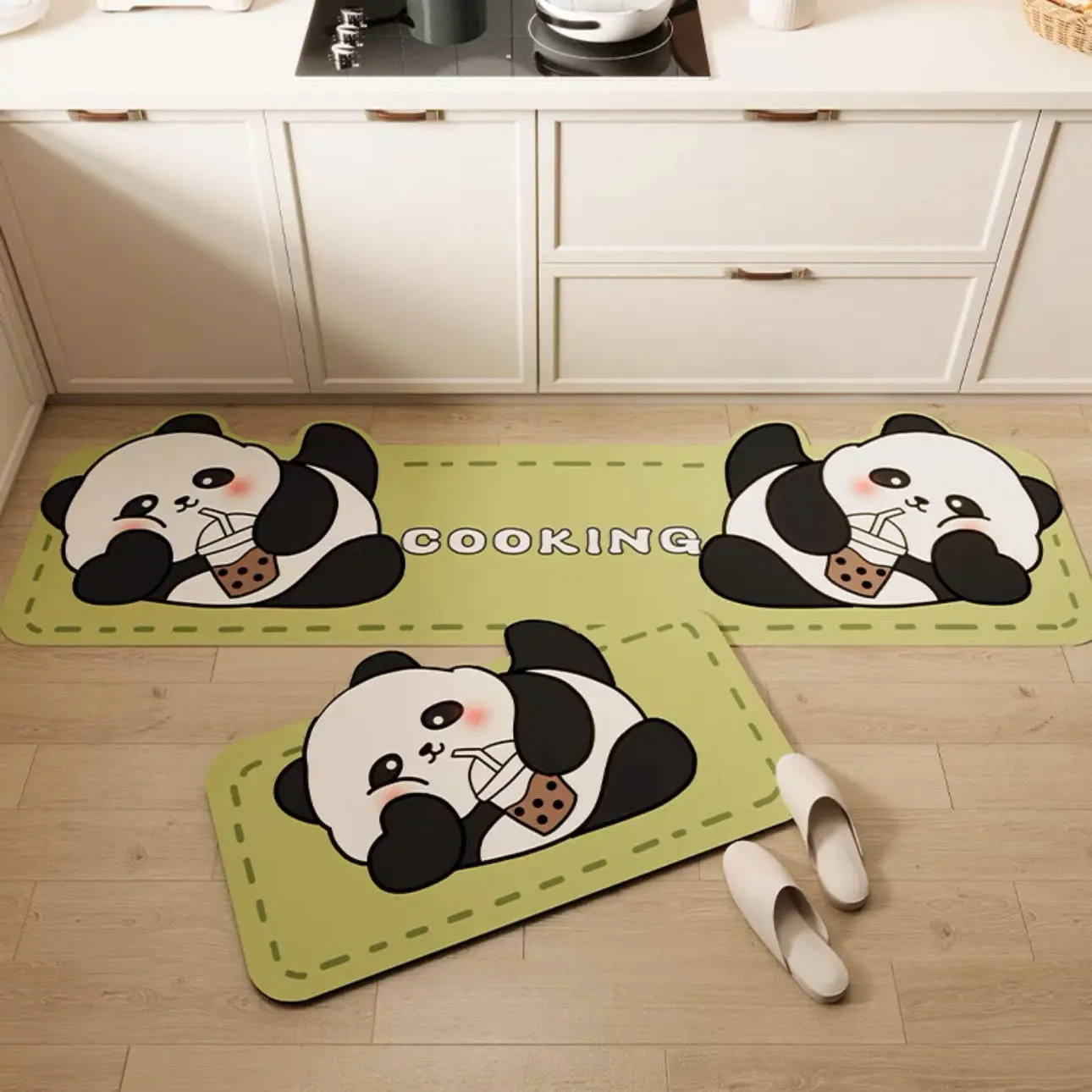 VIKAMA 2PC Cartoon Panda Carpet Home Decor Household Kitchen Bathroom Mat Set Absorbent Quick Drying, Anti-slip and Anti-oil