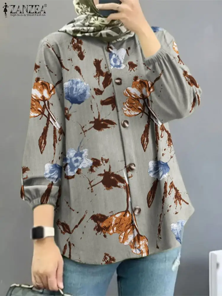 

2023 ZANZEA Women AutumnElegant Party Tunic Tops Fashion Floral Printed Muslim Blouse Vintage Blusas Puff Sleeve O-Neck Shirt