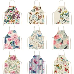 Butterfly Flowers Linen Kitchen Apron for Woman Dress Kawaii Kids Cartoon Pink Garden Aprons Cooking Accessories Home Decor