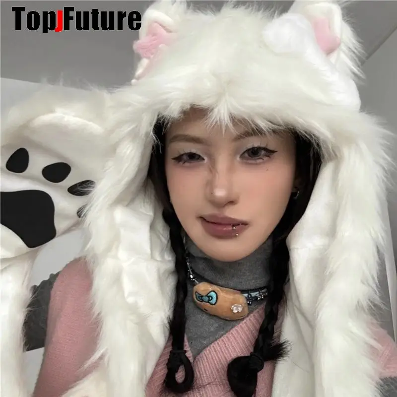 Harajuku Gothic Cute Furry Plush Faux Fur Cat Ear Hat Y2k Punk Women Winter streetwear Ear Protection Warm Beanie Hats Scarves