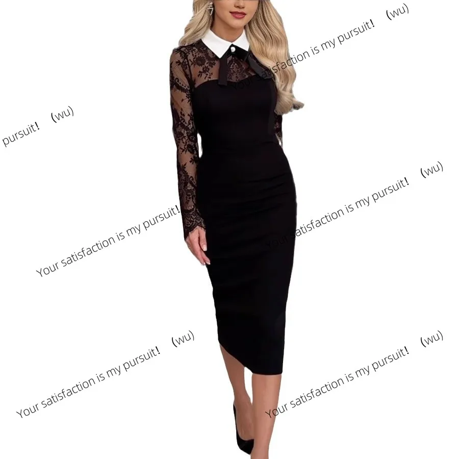 Gaun slim-fit seksi dengan potongan pinggul yang memperlihatkan bentuk tubuh, lengan panjang dengan detail renda dan pita, gaya eksotis terbaru.