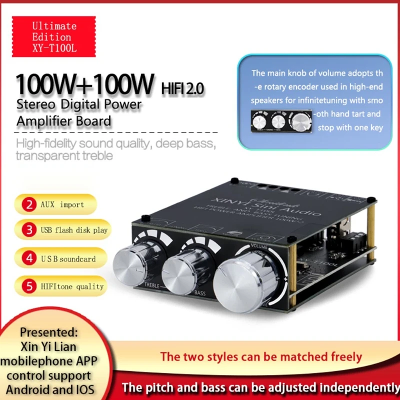 Placa amplificadora bluetooth 5.0, 100w + 100w de potência, compatível com bluetooth 5.0, 2.1 canais, classe d, áudio estéreo doméstico