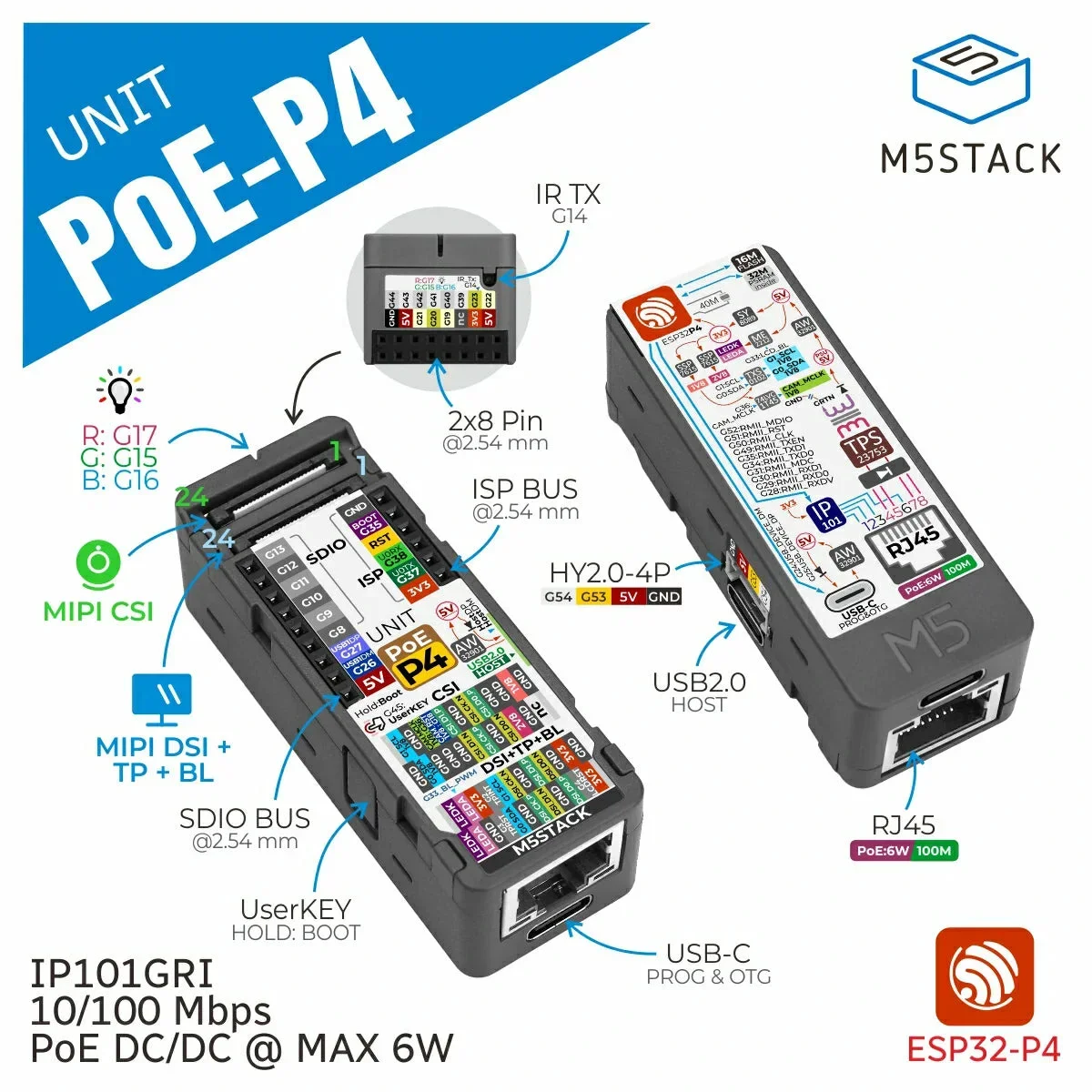 M5Stack Unit PoE with ESP32-P4 PoE Ethernet Embedded Controller Module for IoT Development