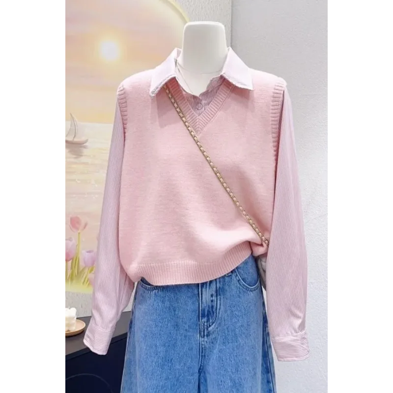 2025 Spring and Autumn New Fake Two-piece Design Shirt Polo Collar Knitted Sweater Chic Top
