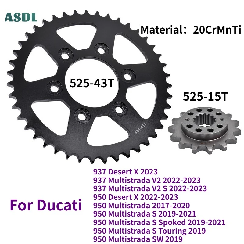 

525 Chain 43T 15T Front Rear Sprocket Wheel For Ducati 937 950 Desert X Multistrada V2 S Spoked Touring SW 2017 2018 2019-2023