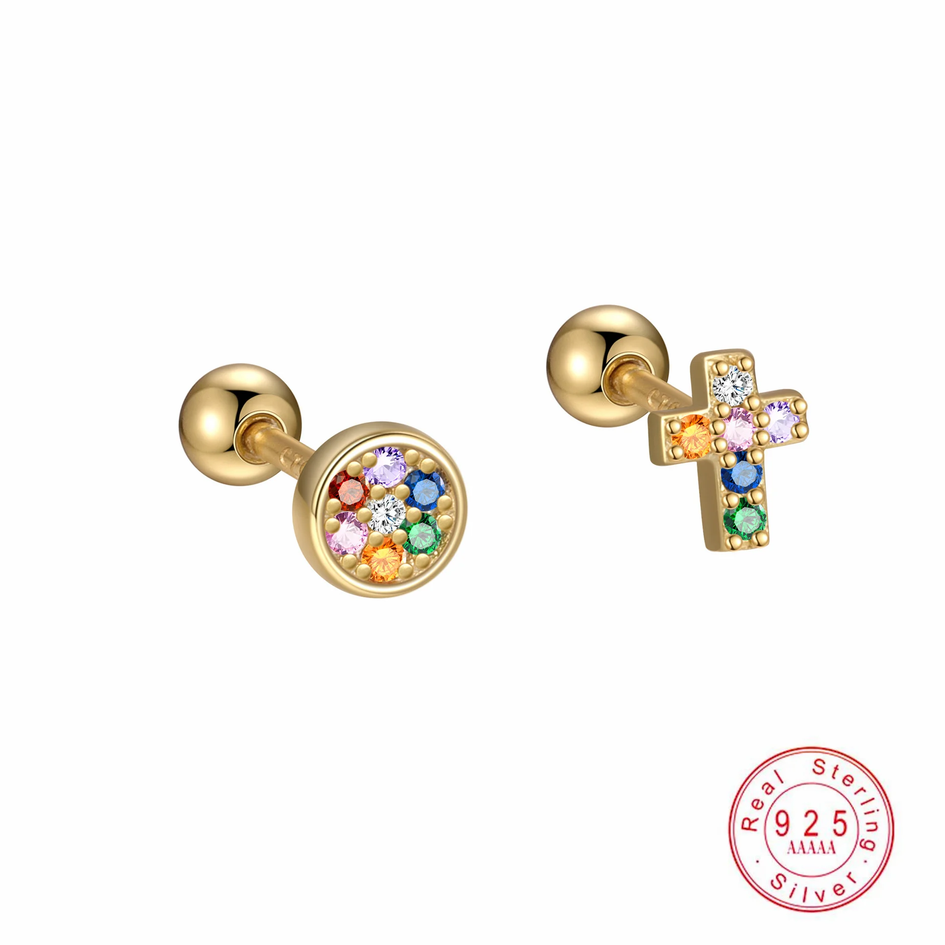 

S925 Sterling Silver Asymmetrical Colorful Zircon Cross Screw Earrings for Women Simple Fashionable Earrings