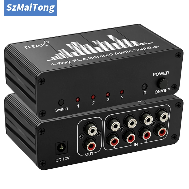 4-Way Stereo Audio Switcher 4CH IR Remote Control AV Signal 4-in-1-out Source Selector for CD Player Amplifier System