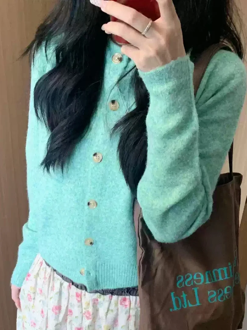 Loose Style Green Knitted Cardigan Women's Top Korean Style Early Autumn Casual Wear Comfortable Medium Softness Long Sleeve