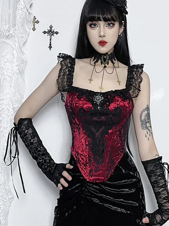 

loween Medieval Gothic Cultural Costume Set Women's Cosplay Vest Sexy Lace U-Ne Print Design Slim Fit Outerwear