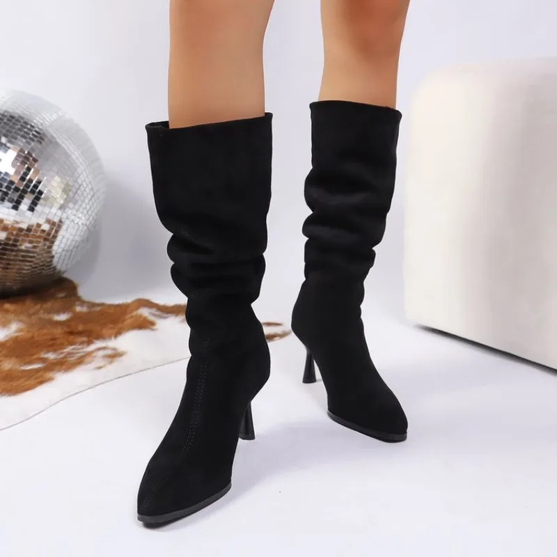 

New Winter Street Style Pointed Toe Knee-High Boots Women Low Heels Shoes Female Long Booties Zapatos De Mujer Plus Size 41 42