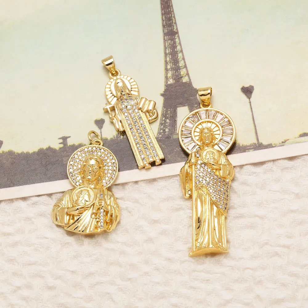 OCESRIO Crystal Big San Judas Pendant for Necklace Copper Gold Plated Handmade DIY Jewelry Craft Making Supplies pdtb882