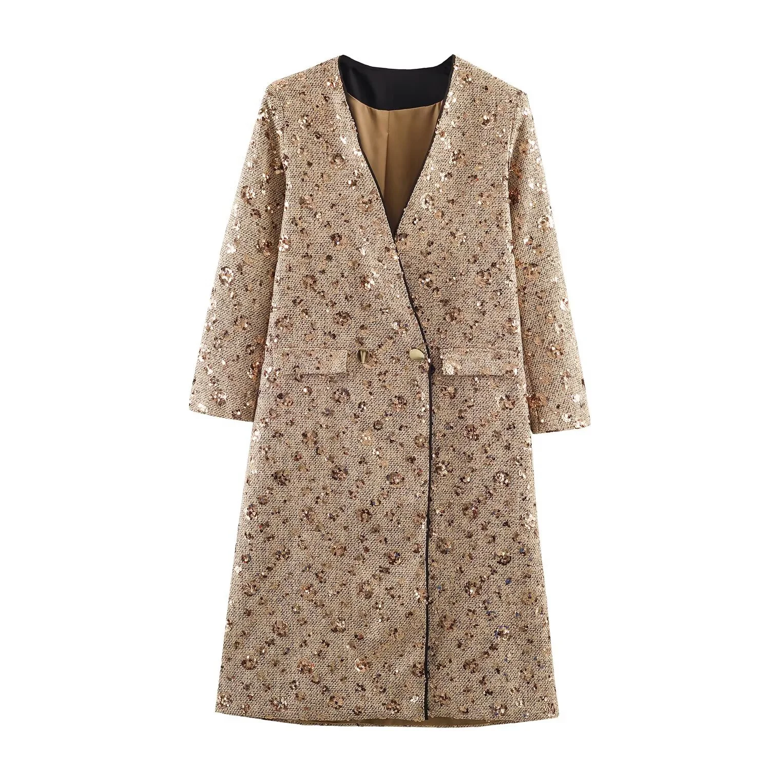 

2025 Winter New Women's Fashionable Elegant Simple Casual V-neck Long-sleeved Sequined Chunky Fabric Long Coat