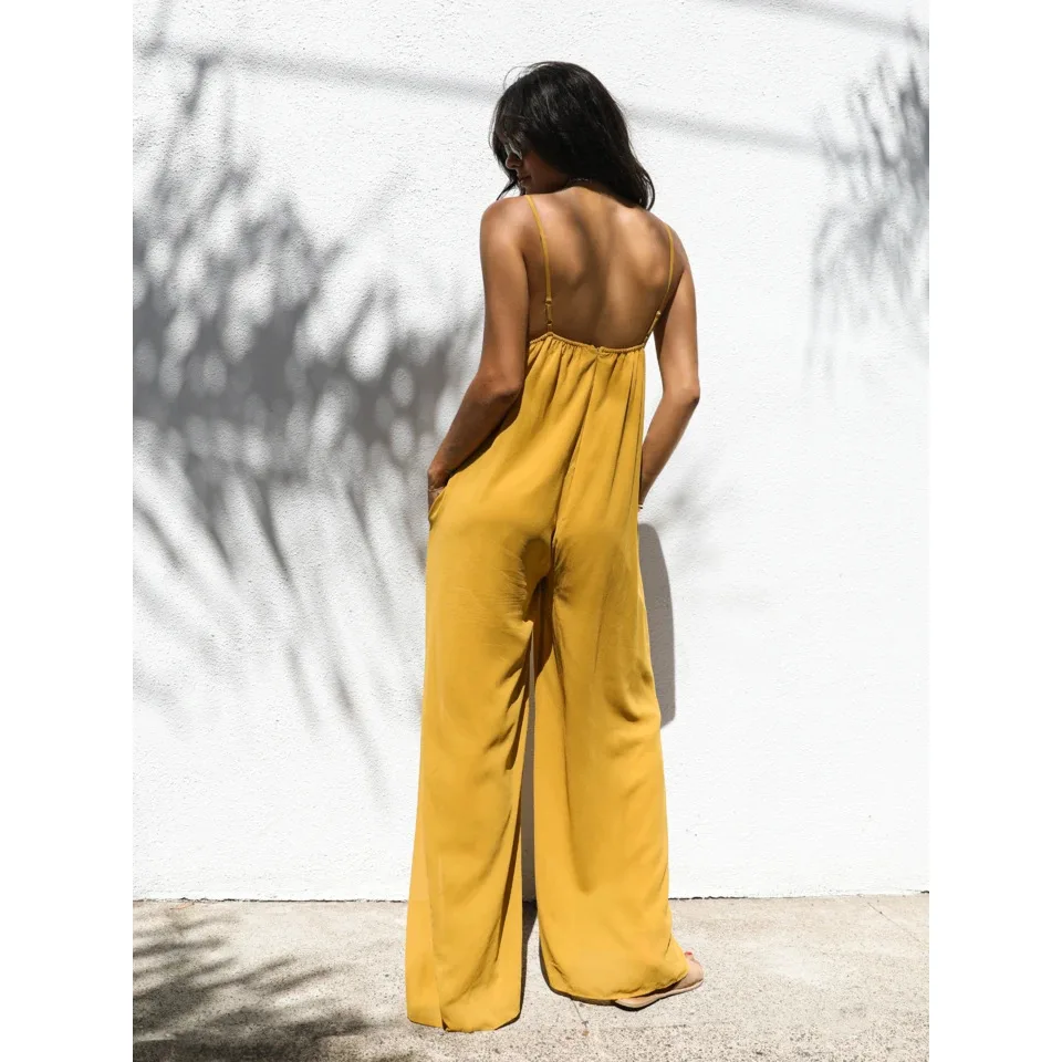 BKLD Solid Color 2024 Summer New Sexy V-Neck Spaghetti Strap Loose Jumpsuit Casual Vacation Outfis For Women One Pieces