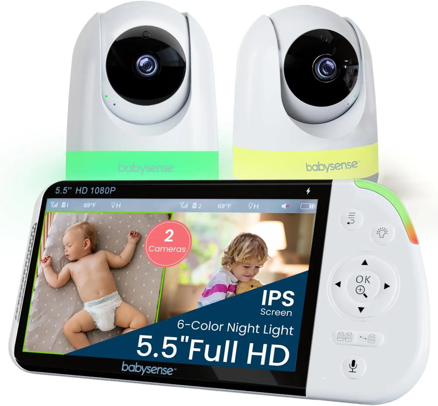 

Full HD 5.5" Split Screen Baby Monitor with 2 Cameras, 6-Color Night Light, White Noise, Sound & Light Machine, 20-Hour Battery,