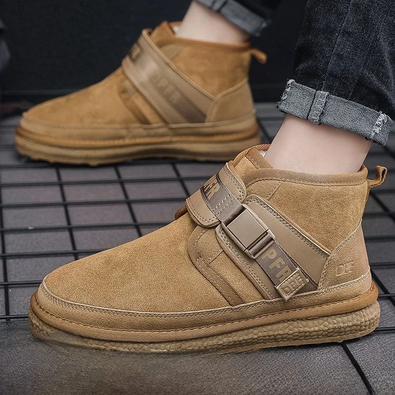 

Warm Men's Short Boots Thickened Fleece Autumn Winter Casual Shoes with Buckle Design Youth Footwear Low Heel round Toe Boots