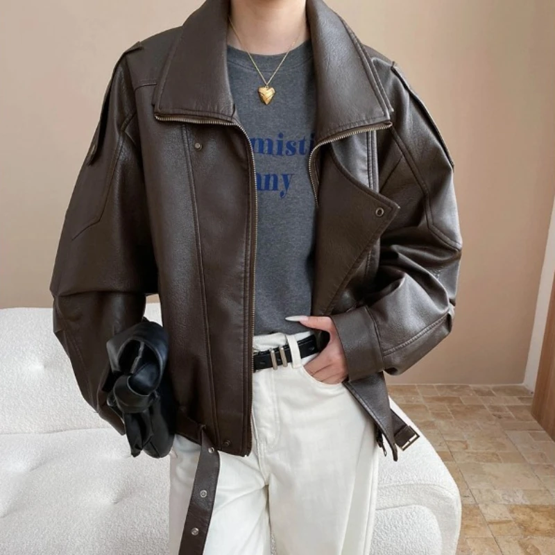 معاطف النساء سترات من الجلد الصناعي رفض طوق معطف بولي Pu العمل Y2k الشارع الشهير سترة سستة عادية فضفاض الخريف الشتاء 2025