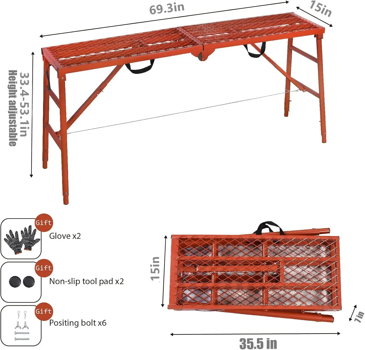 Scaffolding Platform 70(L) x15(W) x33(H)''770 Lbs Capacity Folding Adjustable Portable Work Platform Ladder,Red