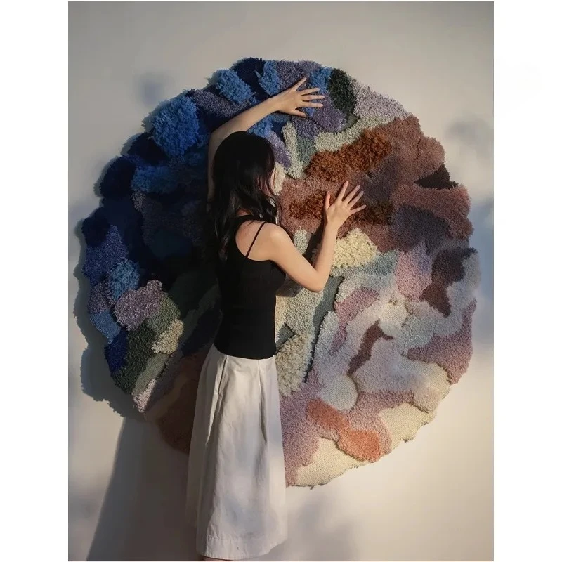 

Stylish eye-catching, fixed-dyed ocean color! Handmade round rug bedroom irregular haute couture wool bedside rug