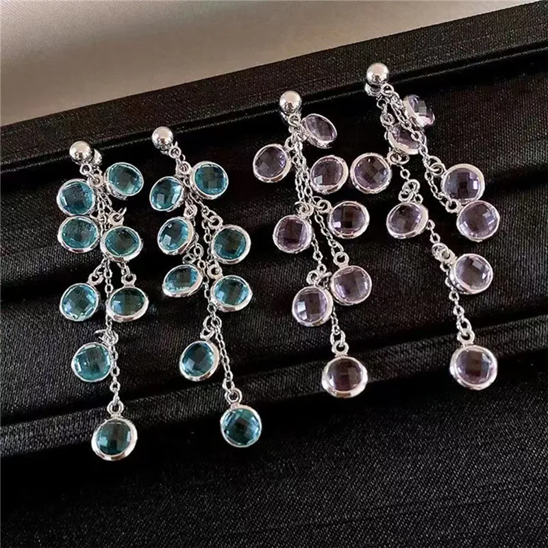 Blue Purple Color Zircon Water Drops Tassel Earrings for Women Fashion Chic Front Back Hanging Earing Versatile Handmade Jewelry