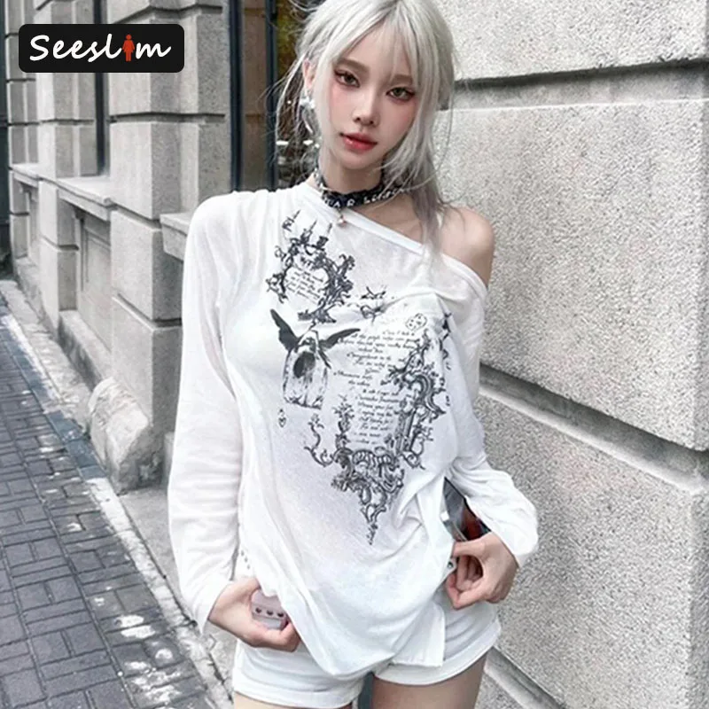 Seeslim Graphic T Shirts 2000s Clothes Y2k Korean Fashion Long Sleeve Autumn Tops Hotsweet Loose Tees Female Goth  T-shirt Print