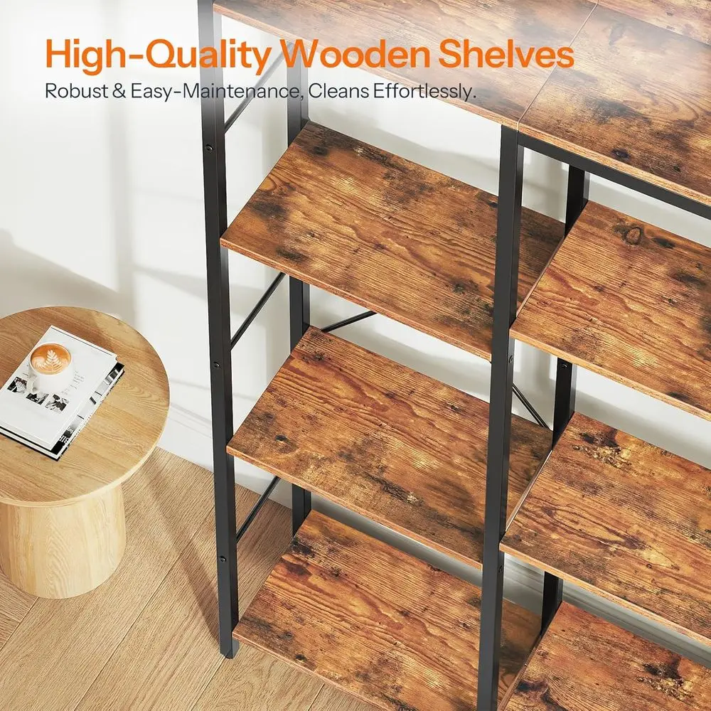 Libreria a 3 livelli in stile industriale rustico, 10 ripiani, ampio espositore, soggiorno e ufficio domestico, marrone e nero