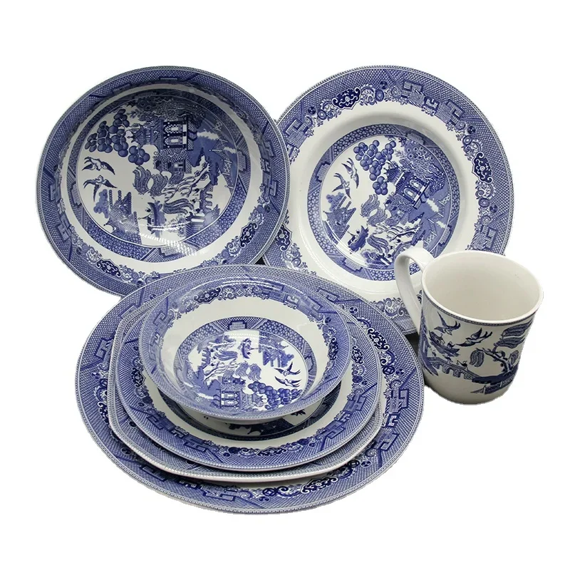 European Blue Willow Tableware Elegant English Tableware Ceramic Breakfast Plate Beef Vegetables Dessert Soup Bowl